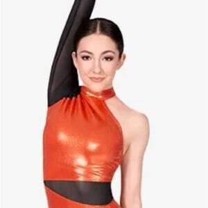 DOUBLE PLATINUM Metallic Performance Leotard Orange black Halter Top NWT YM
